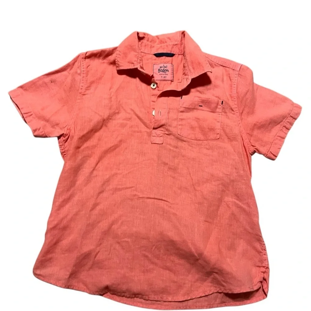 Mini Biden Linen Blend Coral Boys Polo Size 7-8y Pastel Easter Spring Preppy